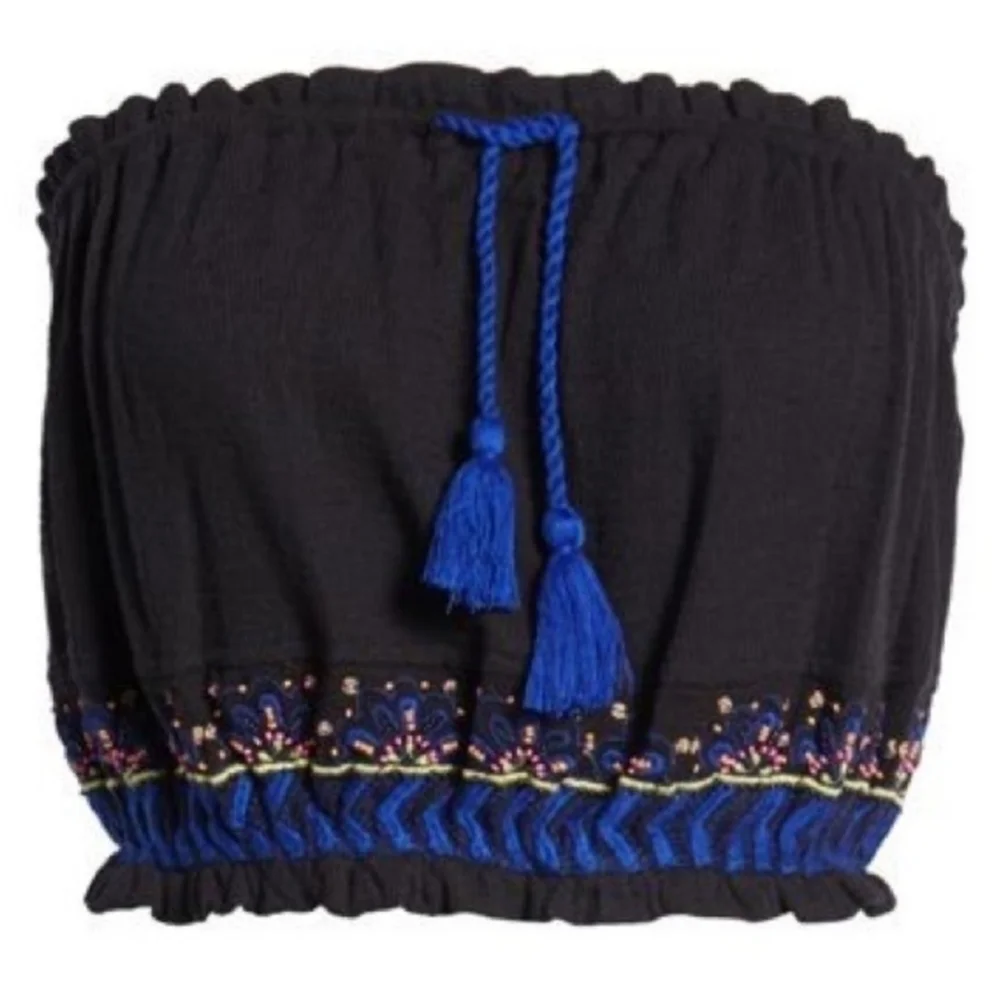 NWT Free People No More Tears Embroidered Front Tie Tassle Tube Bandeau Top Sz M